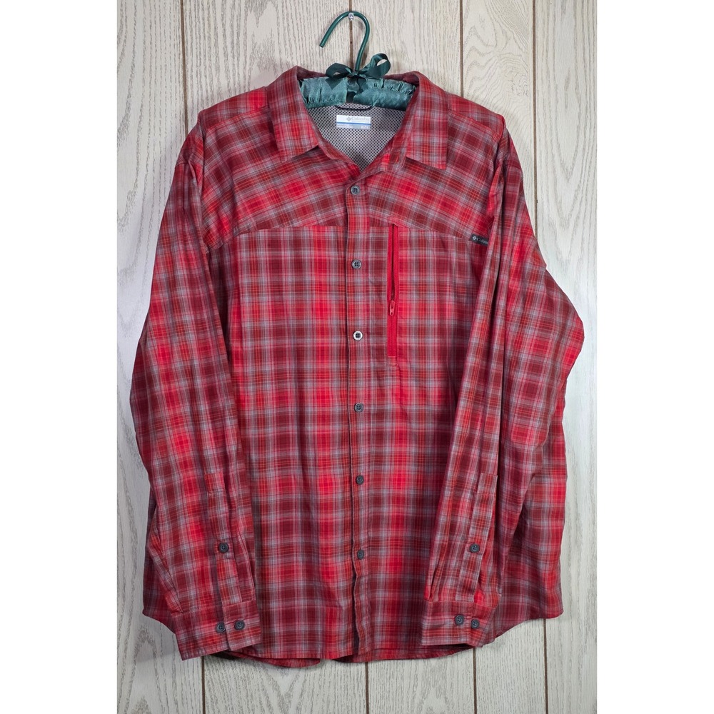 Columbia Battle Ridge Mens XL Red Grey Plaid Long Sleeve Button Down Hiking